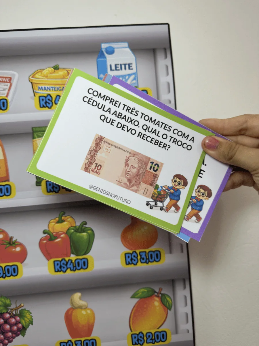 Atividade de troco com cédula, produtos e preços do Supermercado da Matemática