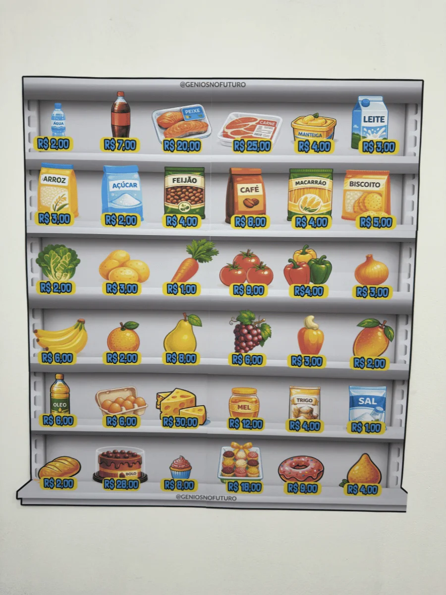 Prateleira completa do Supermercado da Matemática com produtos e preços